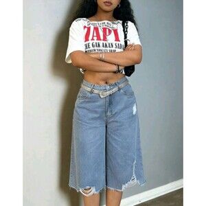 Women’s High Rise  Wide Leg Denim Shorts Distressed Raw Hem Non-stretch US L